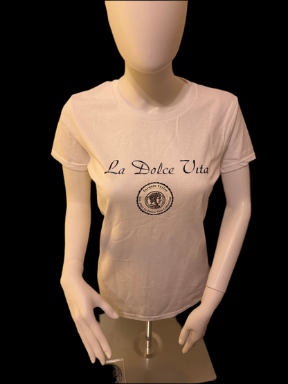 Women’s Cursive La dolce vita coin tee white