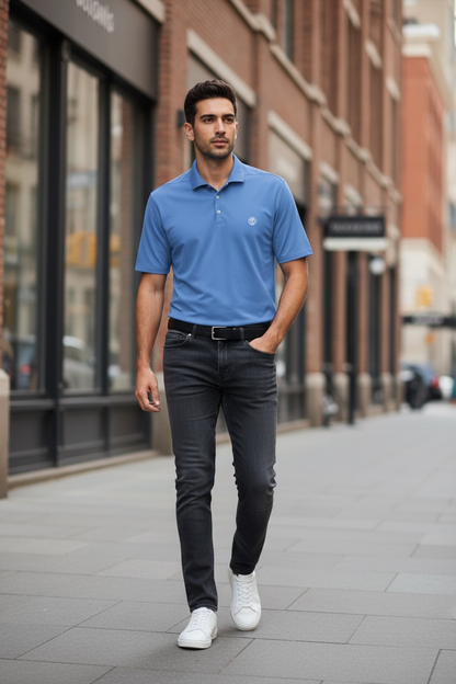 Men's coin logo polo tee sky blue