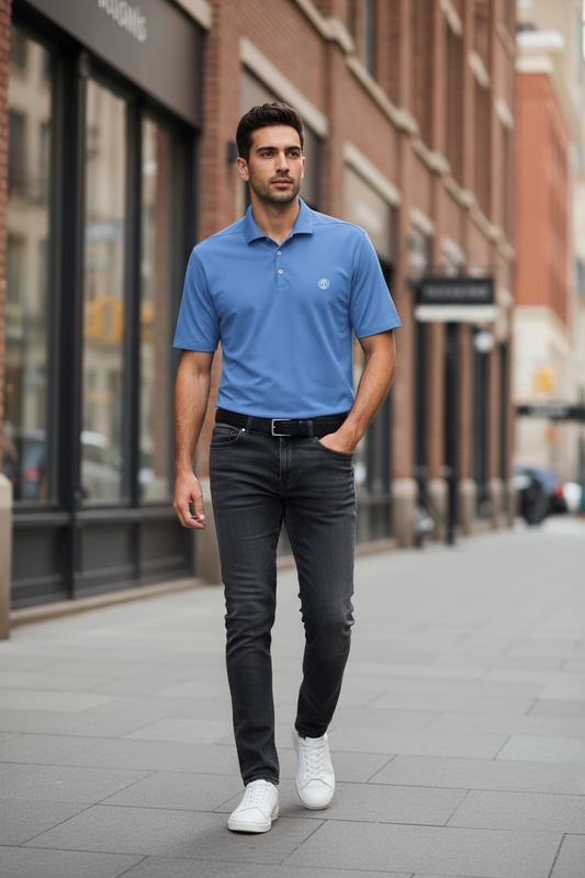 Men's coin logo polo tee sky blue