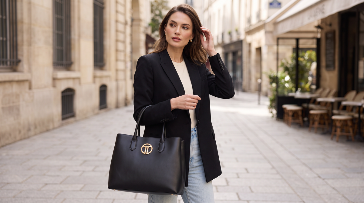 Women’s  Black Gold Logo Leather Tote Bag
