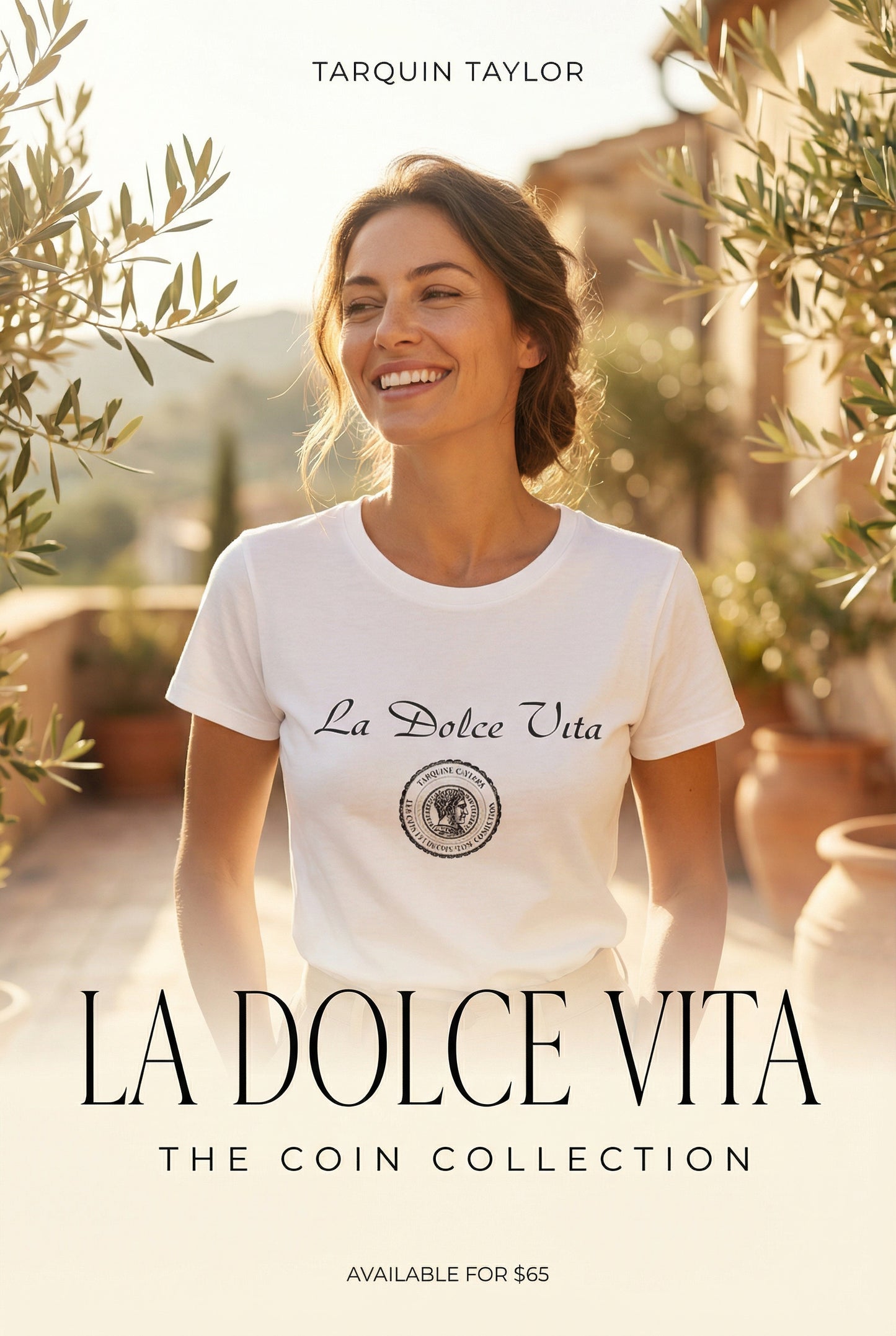 Women’s Cursive La dolce vita coin tee white