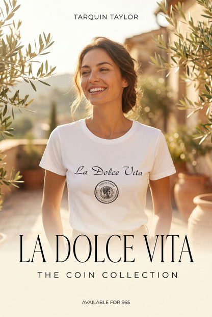 Women’s Cursive La dolce vita coin tee white