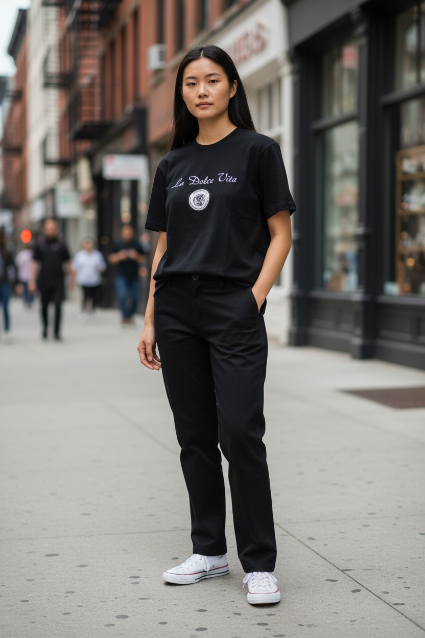 Women’s Cursive La dolce Vita coin tee black