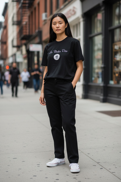 Women’s Cursive La dolce Vita coin tee black
