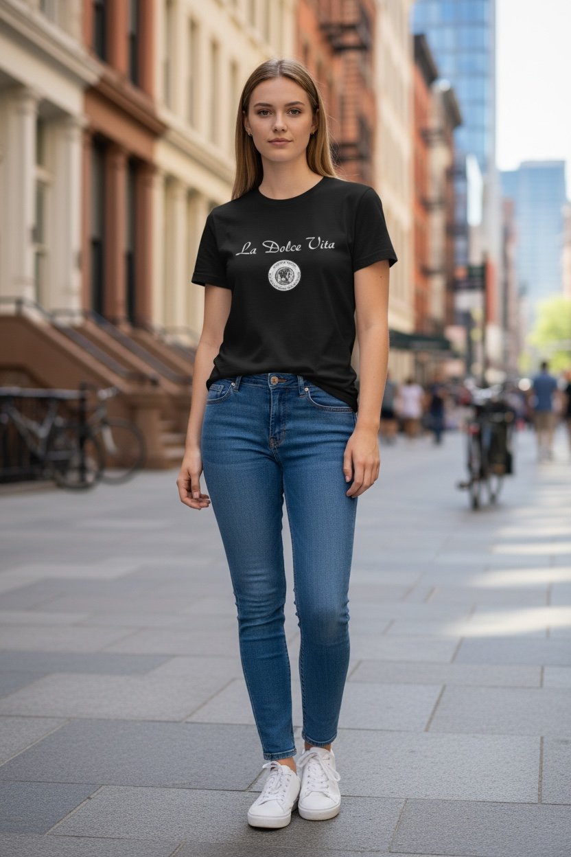 Women’s Cursive La dolce Vita coin tee black